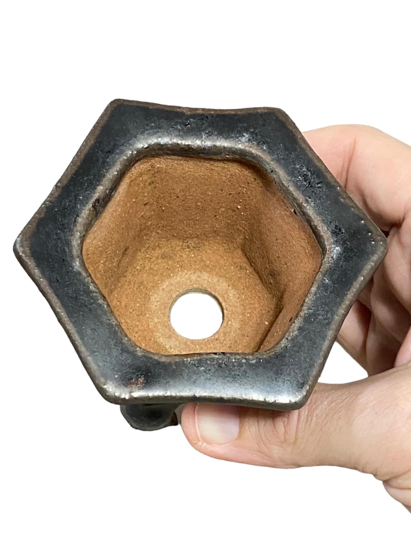 Japanese - Stout Black Hexagon Bonsai Pot (3-3/8" wide)