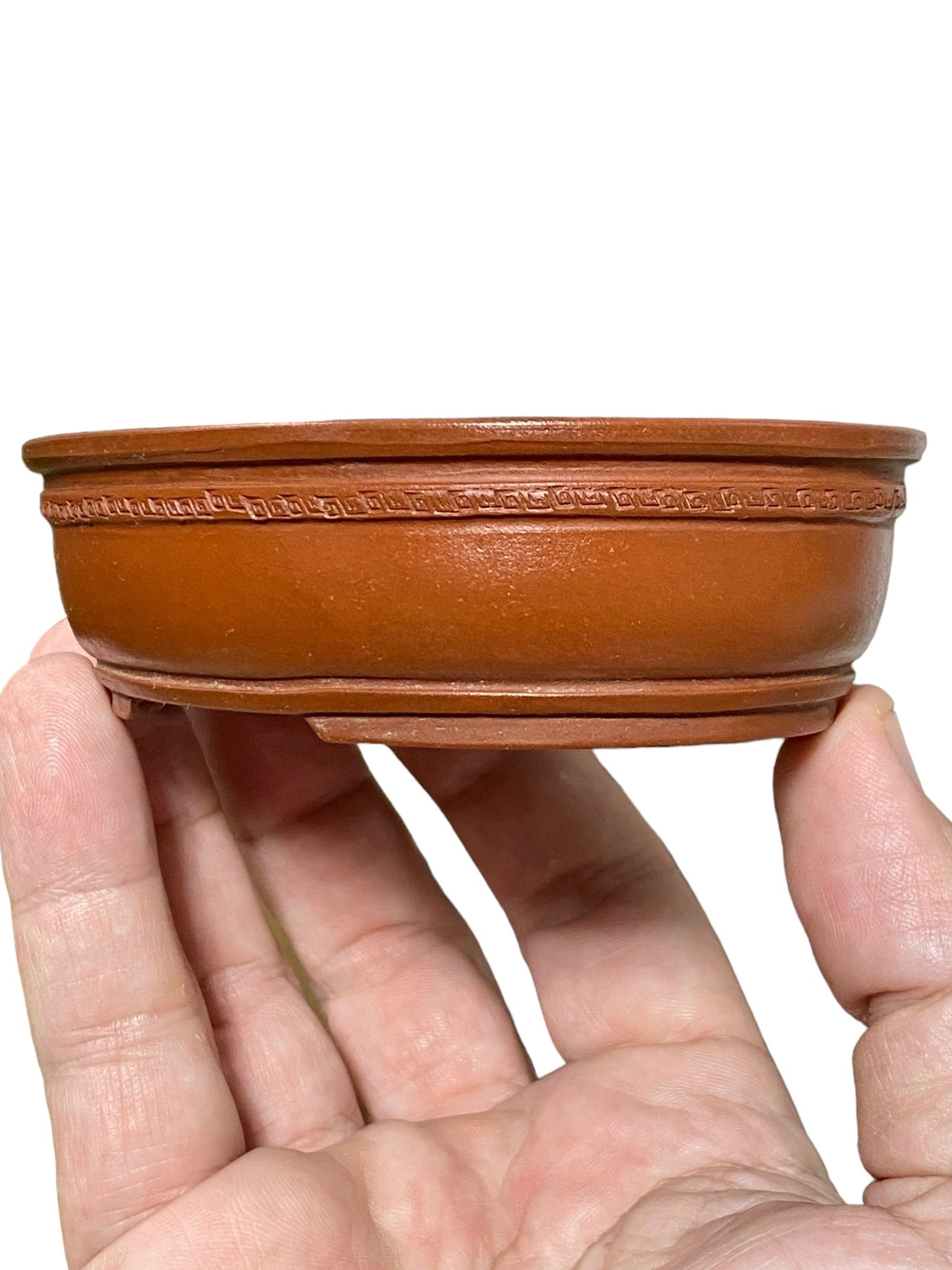Zhang - Banded Unglazed Oval Bonsai Pot with Carving Detail