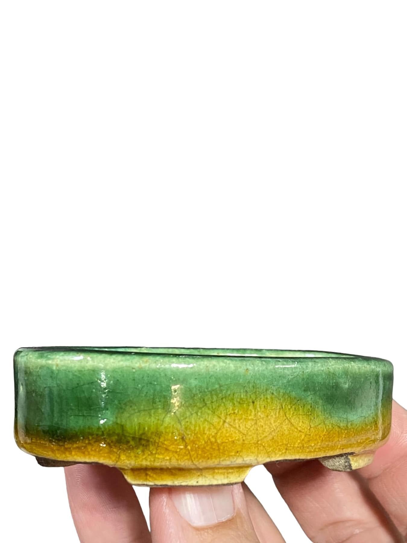 Satomi Terahata - Green and Yellow Crackle Oval Pot (3-3/4” wide)