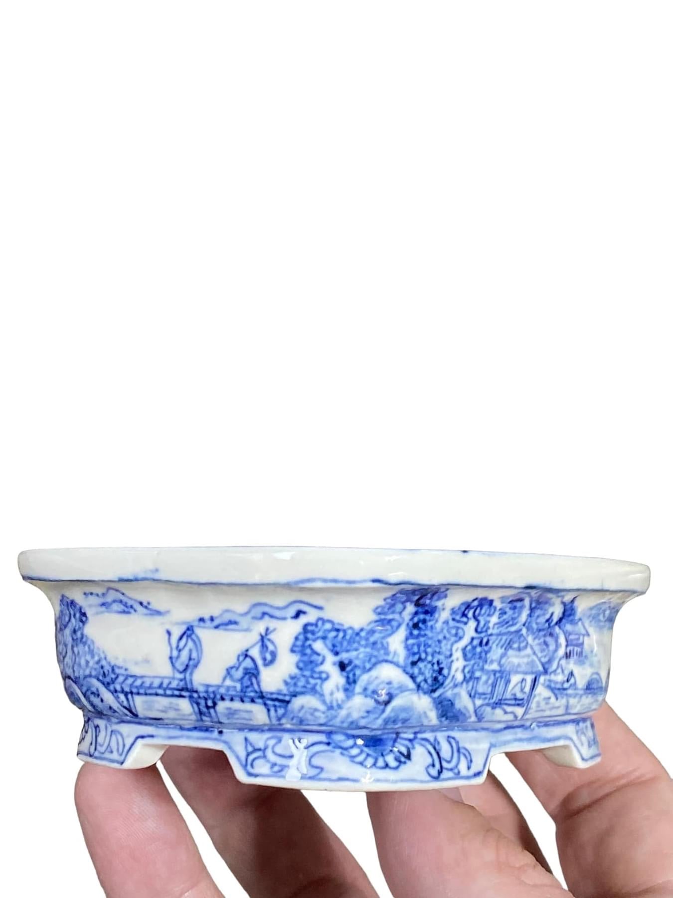 Joshu Katsuyama - Rare Exhibition Quality Painted Blue Bonsai Pot (4-1/8" wide)