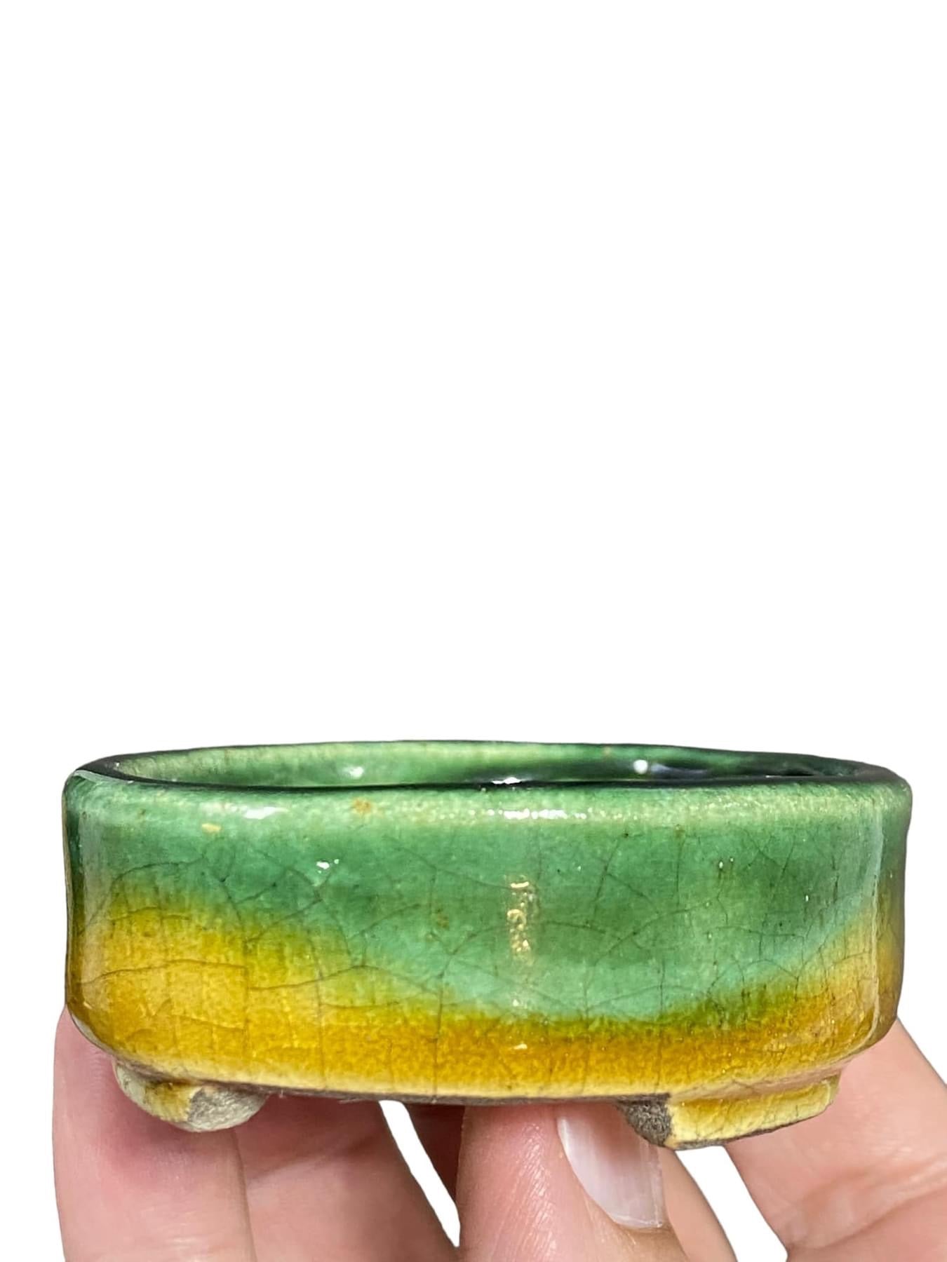 Satomi Terahata - Green and Yellow Crackle Oval Pot (3-3/4” wide)