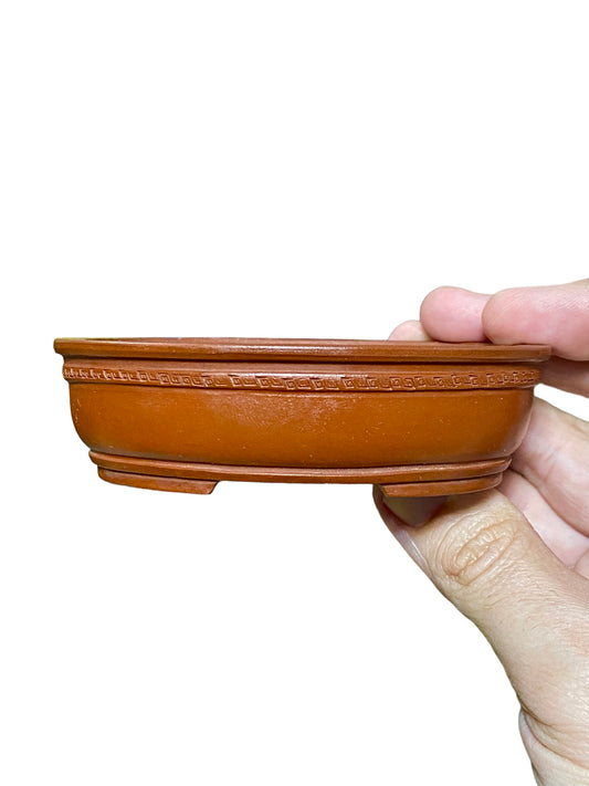 Zhang - Banded Unglazed Oval Bonsai Pot with Carving Detail
