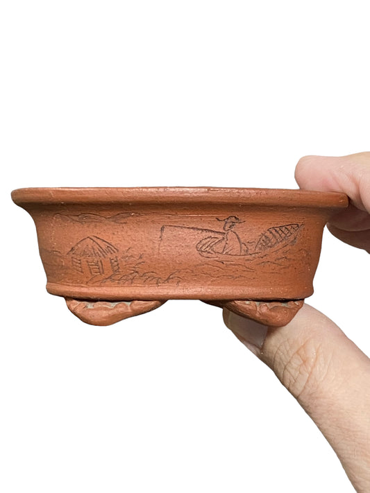 Maruhei - Relief Carved Footed Oval Style Bonsai Pot (3-3/4" wide)