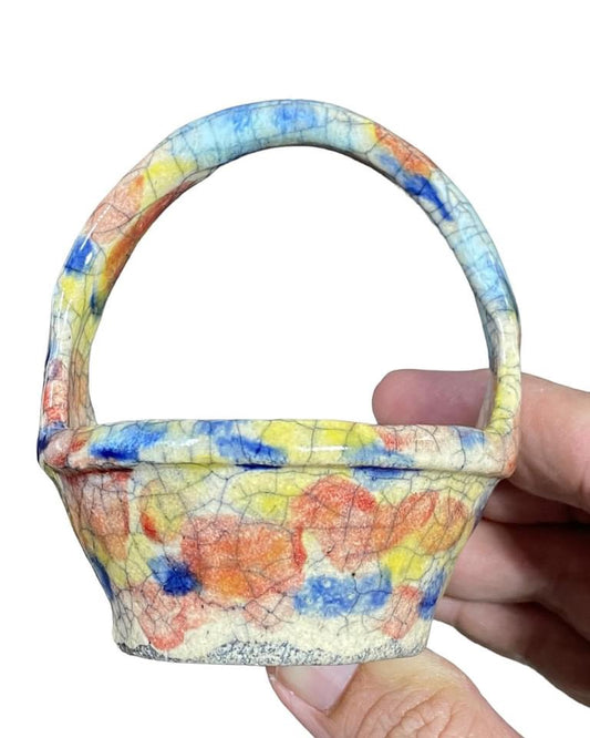 Bunzan - Multicolored Crackle Glaze Flower Basket Bonsai or Accent Pot (3-1/16” wide)