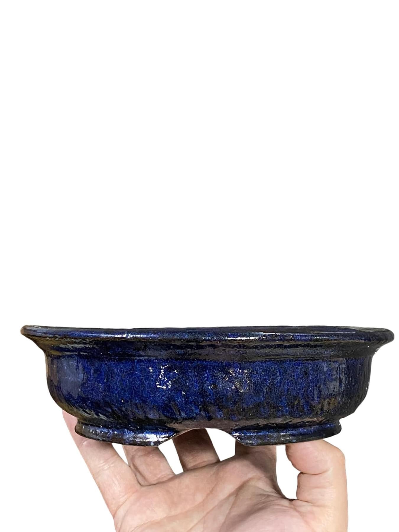 Shuho - Black and Blue Glazed Bowl Style Bonsai Pot