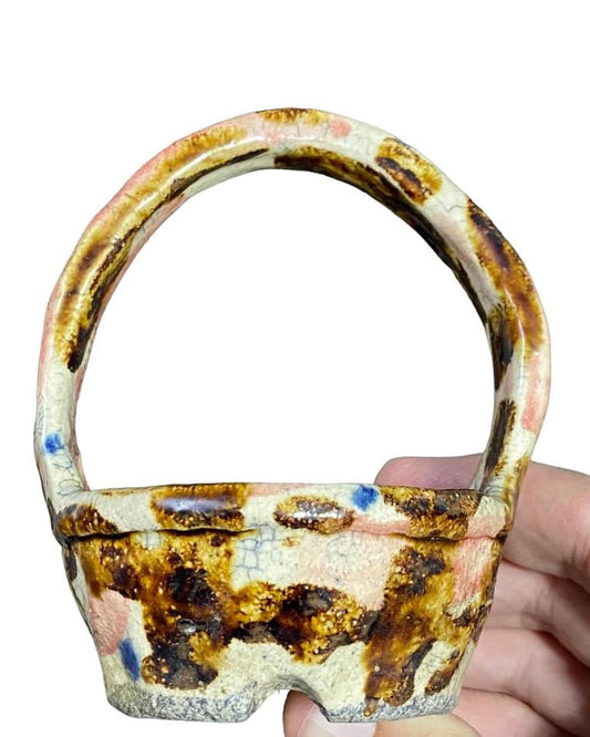 Bunzan - Multicolored Crackle Glaze Flower Basket Bonsai or Accent Pot (3-1/4” wide)