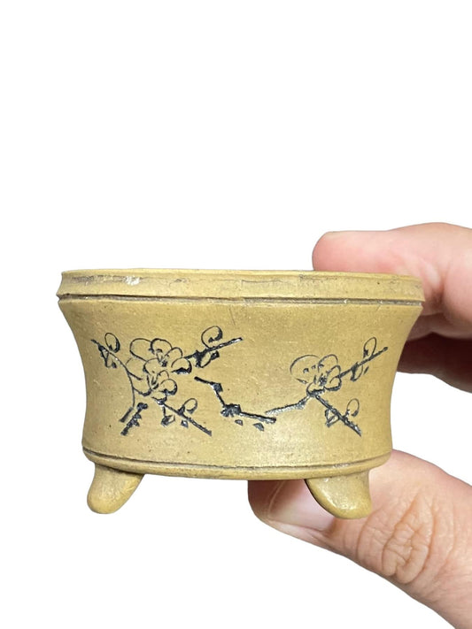 Chinese - Etched Floral Scene on Round Bonsai Pot (2-5/8” wide)