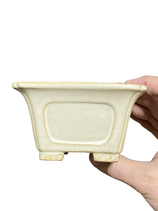 Shibakatsu - Cream Glazed Square Semi-Cascade Style Bonsai Pot