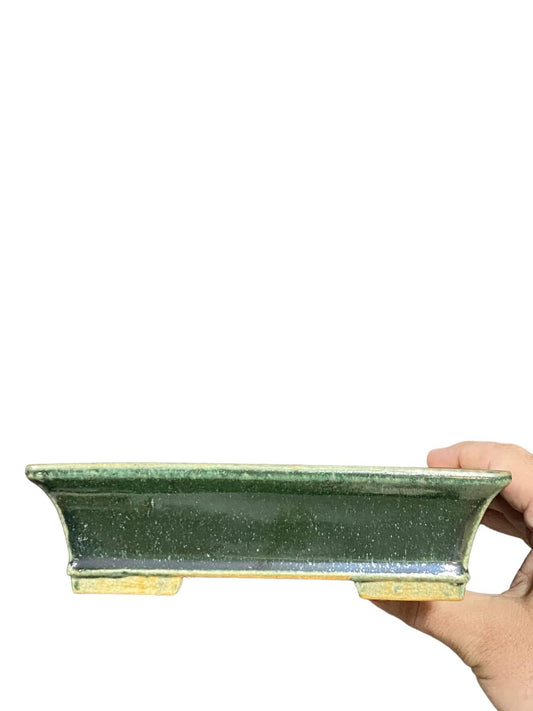 Shibakatsu - Shimmering Green Glazed Rectangle Bonsai Pot (7-1/2” wide)