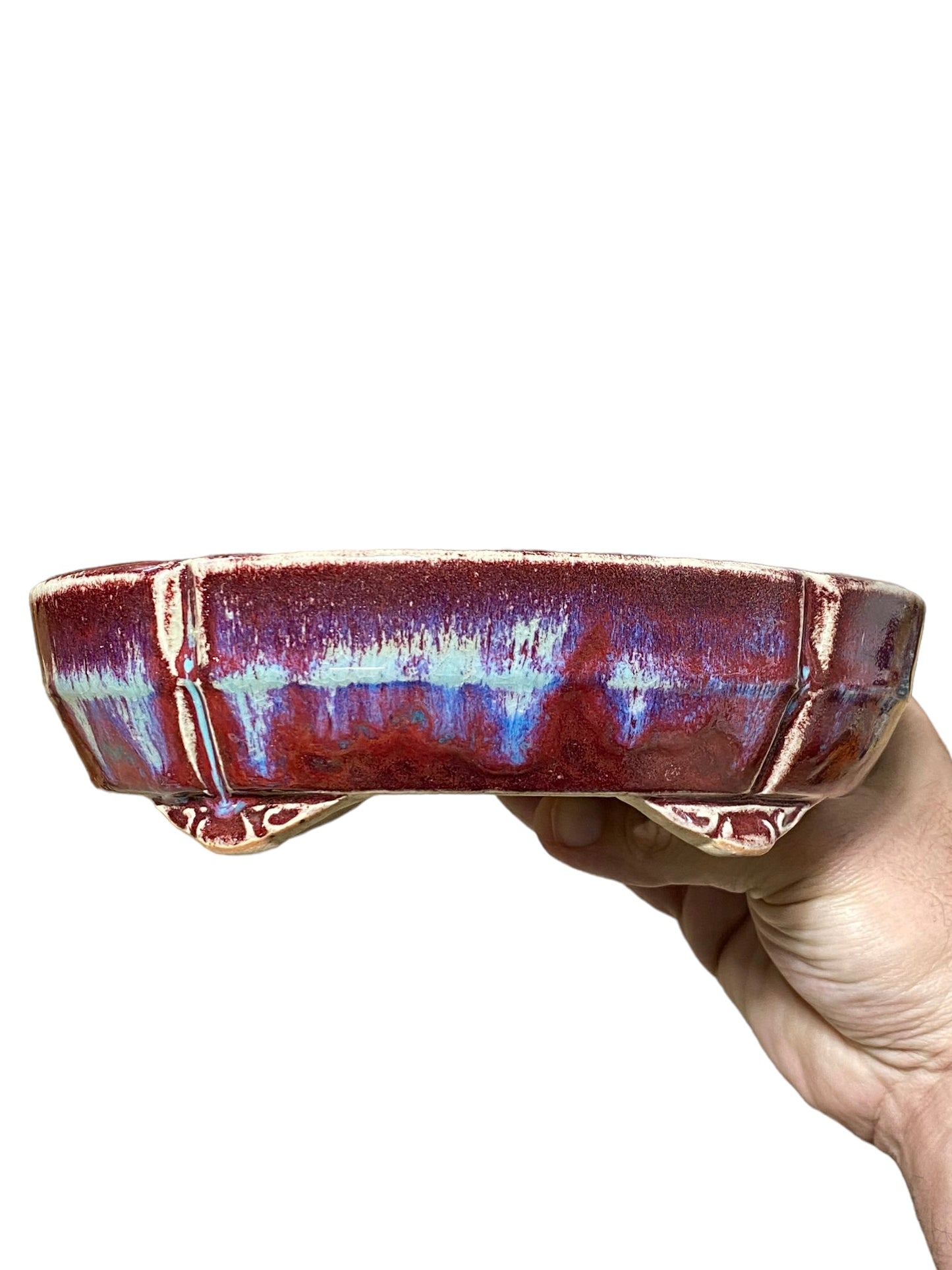 Koyo - Rare Red and Blue Glazed Oval Bonsai Pot