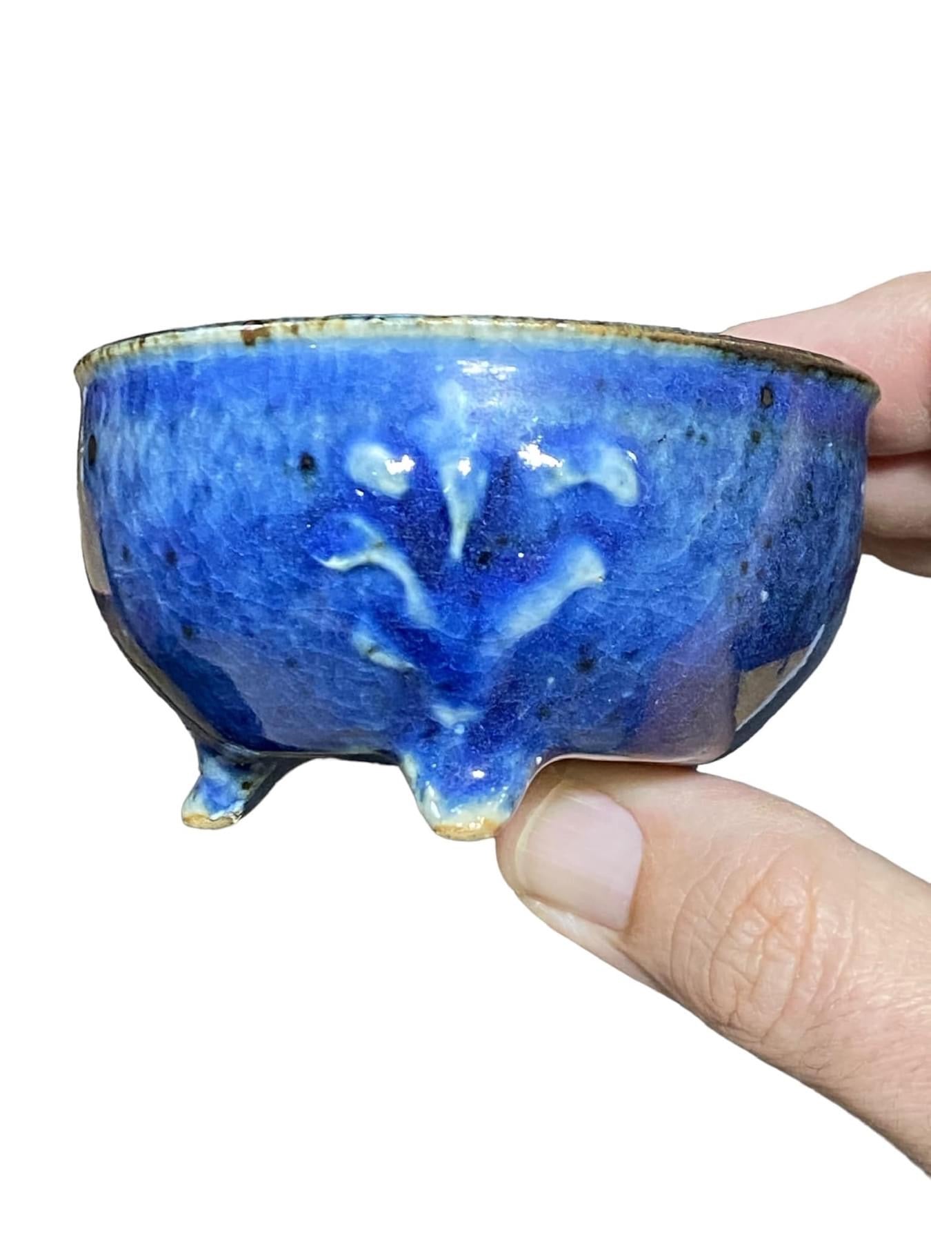 Heian Kosen - Blue Glazed Footed Round Bonsai Pot