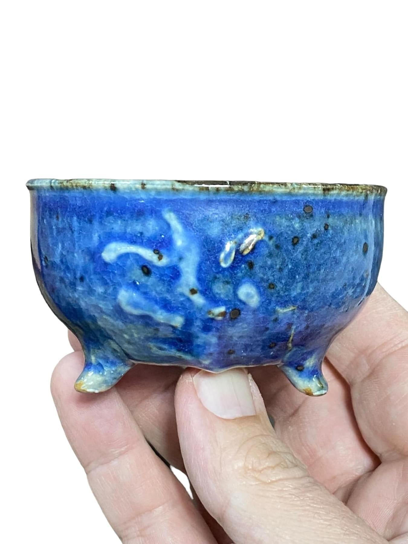 Heian Kosen - Blue Glazed Footed Round Bonsai Pot